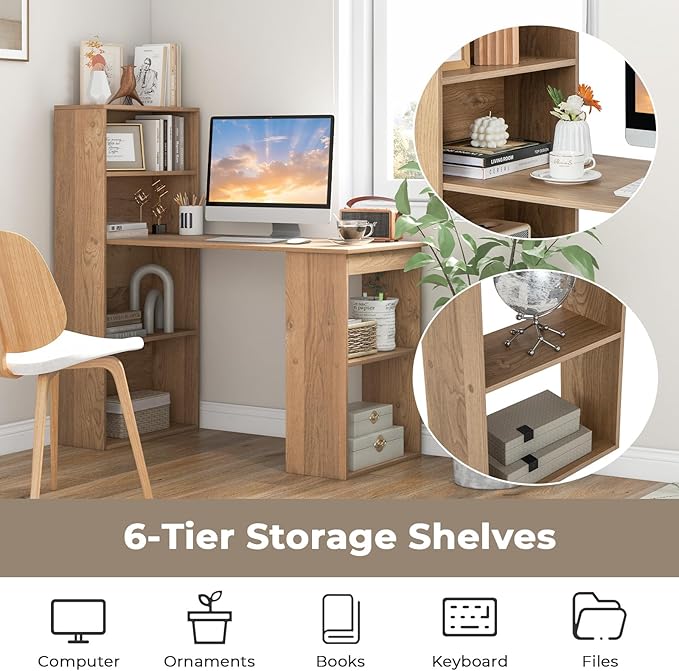 GRAFFY Computer Desk with 6 Storage Shelves - 48 Reversible Writing Desk Workstation with Bookshelf and CPU Stand Modern Compact Office Desk for Bedroom Study Home Office (Natural)
