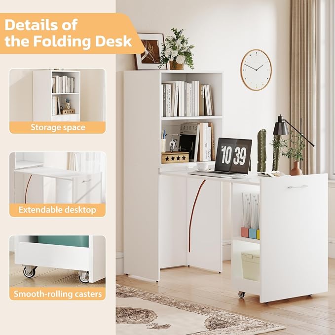 Folding Desk with Storage Convertible Table with Shelves &amp Wheels Craft Cabinet with Fold Out Table Compact Computer Desk for Small Space Reversible L Shaped Desk - White