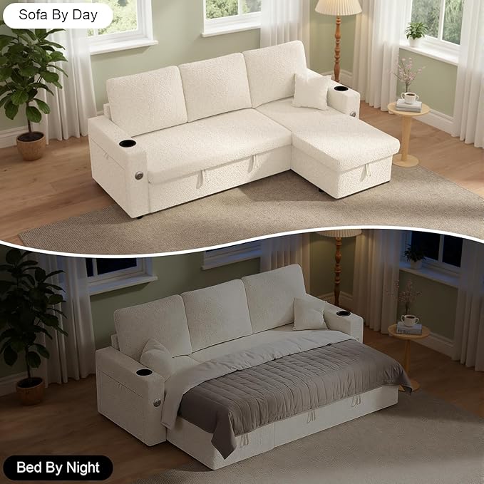 82 Inch L-Shape Sectional Couch 4-in-1 Multifunctional Pull-Out Couch Sleeper Sofa with Storage Chaise Charging Station Cup Holder for Living Room/Office/Apartment (White)