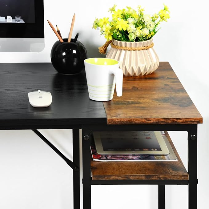 FurnitureR 47.2 inch Study Writing Table with Storage Shelves Space Saving for Home Office Modern Simple Style PC Metal Frame Computer Desk Black&ampBrown