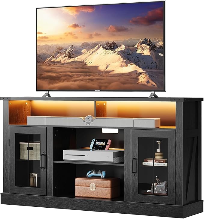WLIVE Farmhouse TV Stand for 65 Inch TV Tall Entertainment Center with LED Lights &amp Storage Cabinets TV Media Console Table with Adjustable Shelf for Living Room Bedroom Home Theater Black