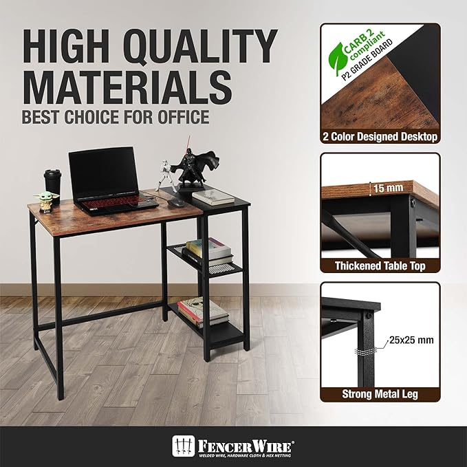 Fencer Wire 40 Inch Home Office Computer Desk with 2-Tier Storage Shelves Study Writing Desk Simple Industrial Modern PC Workstation with Splice Board Rustic Oak Wooden Table and Metal Frame