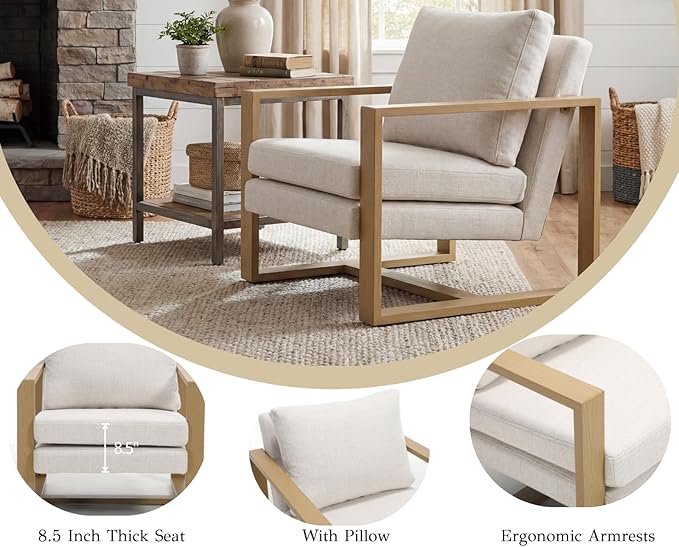 CIMOTA Modern Mid Century Accent Chairs Set of 2 Comfy Armchairs with 8.5 Thick Cushion &amp Armrests Upholstered Reading Lounge Chairs with Natural Wood Frame for Living Room Bedroom Office Beige