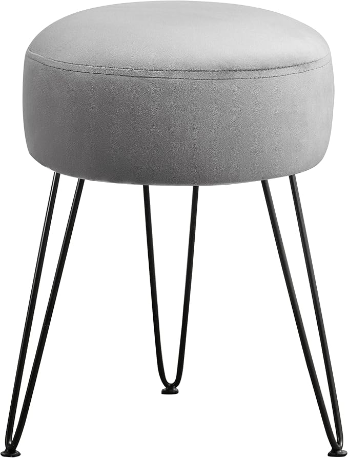 LUE BONA Vanity Stool Gray Vanity Stools for Makeup Room Round Ottoman Foot Stool Velvet Footrest Vanity Chair for Bathroom Vanity Bedroom Living Room Entryway Offices 300lbs