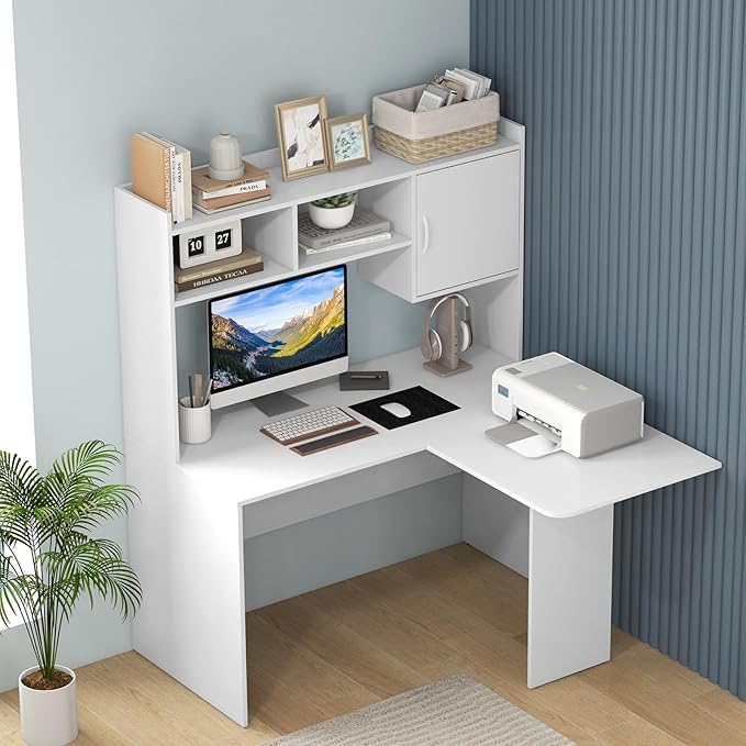 Tangkula L-Shaped Desk with Storage Hutch Corner Computer Desk with Shelves &amp Cabinet Modern Writing Study Table for Home Office Laptop PC Workstation White