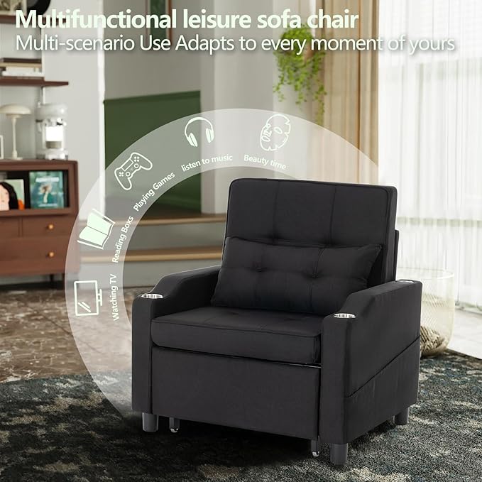 4-in-1 Convertible Sleeper Chair Bed Couch Bed with 5-Level Adjustable Backrest Futon Sofa Bed with USB Port&amp Cup Holder Multi-Functional Chaise Lounge Chair Sleeper Sofas for Living Room