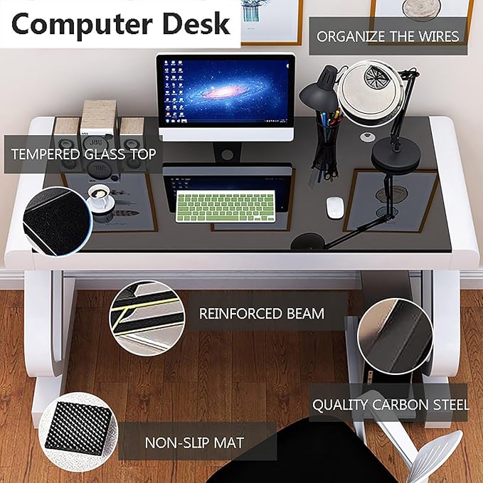 Tempered Glass Computer DeskModern Office Desk with Glass Top &amp Z-Shaped Metal FrameSturdy Writing Desk Table Study DeskGaming Desk Computer Desk for Home Office Workstation