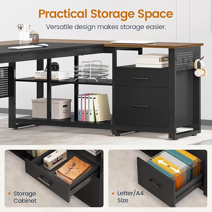 71 in Executive Desk with Power Outlets Reversible L Shaped Computer Desk with File Drawers &amp Storage Shelves Large Office Desk with Pegboard Mobile CPU Stand Modern Corner Desk (Walnut)