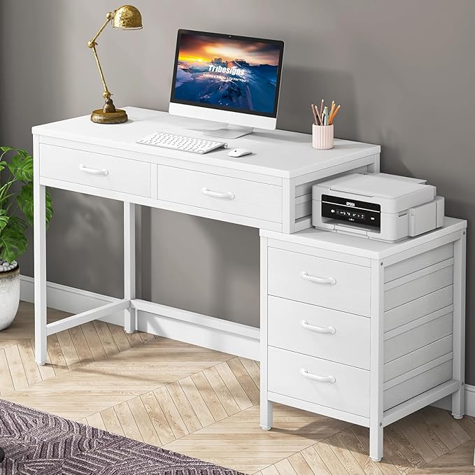 Tribesigns Computer Desk with 5 Drawers Home Office Desks with Reversible Drawer Cabinet Printer Stand Industrial PC Desk with Storage White Study Writing Table Workstation for Small Spaces