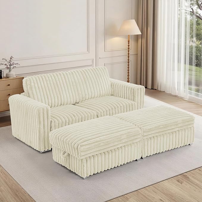 72 U-Shape Corduroy Sofa with 2 Movable Ottomans Upholstered Seational Sofa with Stable Feet Deeper 2 Seats Couch with Thickened Seat Cushions for Living Room Bedroom Office Beige