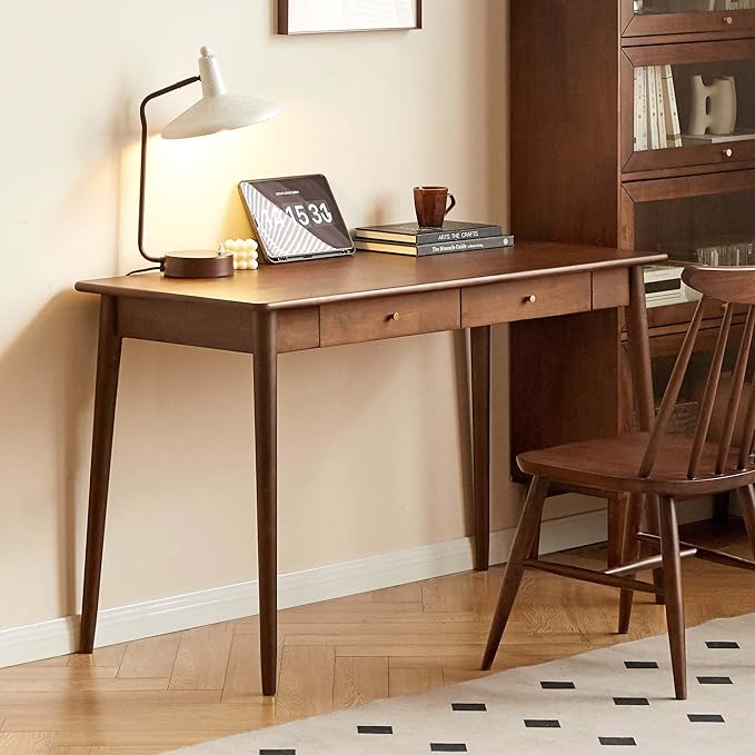 Computer Desk Solid Wood Desk Mid Century Modern Home Office Writing Desk with Drawers for Study Bedroom Living Room