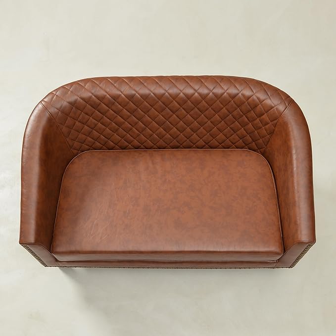 KINWELL 50 Faux Leather Small Barrel Love Seat Settee Diamond Tufted Back Compact Loveseat Sofa with Nailhead Trim Modern 2-Seater Couch with Solid Wood Legs for Small Spaces Apartments Brown