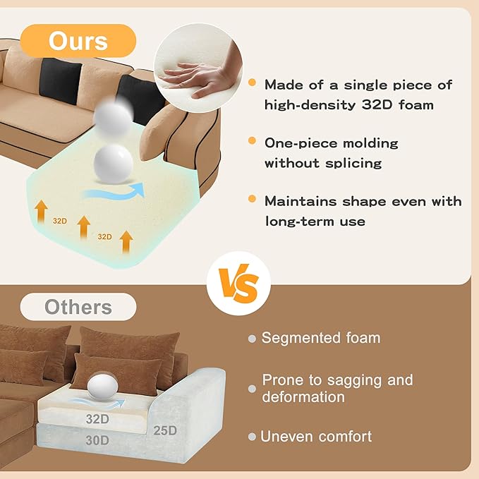 KEIKI 2Seat Modular Boneless Sectional Velvet Sofa Couch with Chaise for Living Room Apartment Living Style Conscious Homeowners Soft Plush Comfortable Cozy Relaxing Contemporary Design Camel