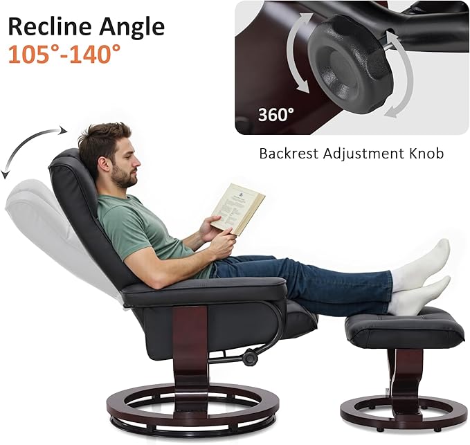 MCombo Manual Swivel Recliner with Ottoman Chair Ottoman Set for RV Small Spaces Living Room Bedroom Office 9019 4919 (Faux Leather Black)