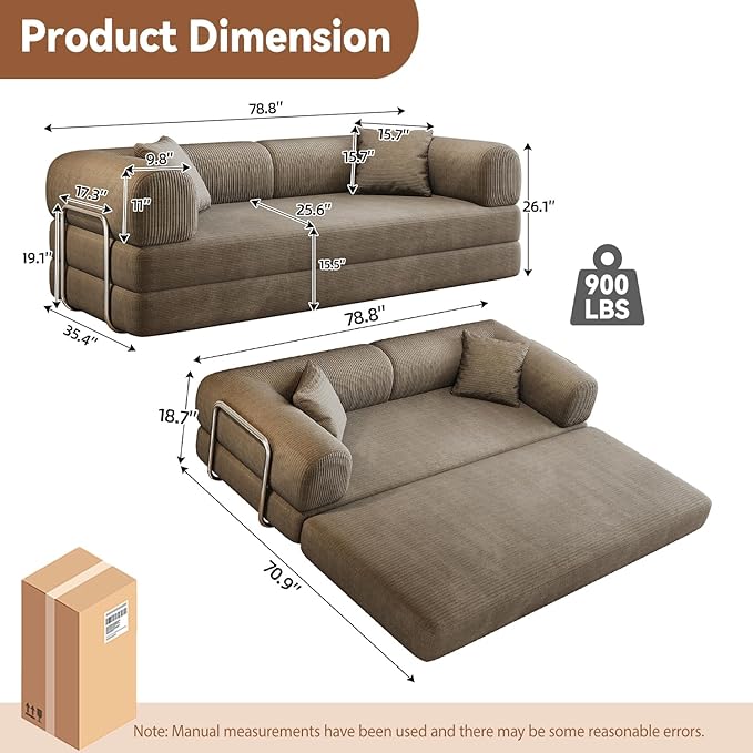 78.8 Corduroy Convertible Sofa Bed with Stainless Fixed-Shape Frame 4-in-1 Boneless Loveseat with Pull-Out Bed Lounge Futon Sofa Couch Floor Mattress for Living Room No Assembly Required(Camel) |