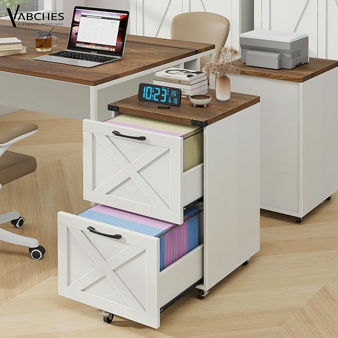 Vabches Farmhouse File Cabinet with 2 Drawers Vertical Filing Cabinet on Wheels for Letter/A4 Size Hanging Files Mobile File Cabinets Printer Stand for Home Office Rustic White