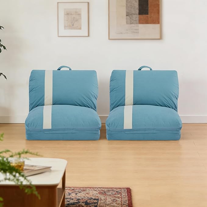 Folding Sofa Bed Set of 2 Convertible Floor Sofa with 6-Position Adjustable Backrest Metal Frame and Handle Futon Floor Couch for Dorm Bedroom Apartment Sky Blue