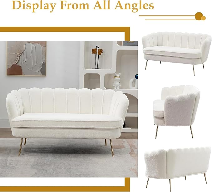 59 Wide Modern Boucle Loveseat Small Sofa Small Mini Room Couch 2-Seater Sofa with Gold Metal Legs for Space Office Studio Apartment Bedroom (Ivory)