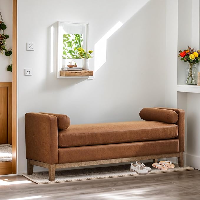 Chifee &amp Vingol 66 End of Bed Bench King Size Upholstered Leather Bench for Bedroom Entryway Brown