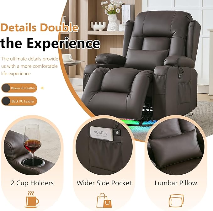 URRED Rocker Recliner Chair for Adults 270° Swivel Glider Reclining Single Sofa with LED Ambient Light Cup Holders and Side Pockets Faux Leather Recliner for Living Room or Home Theater Brown