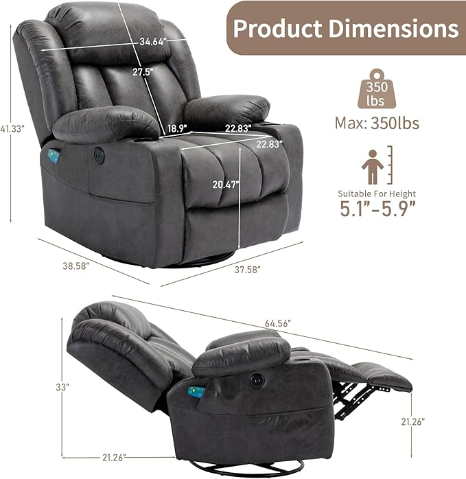 360° Swivel Rocker Recliner Chair with Heat and Massage Manual Glider Rocking Reclining Chair Swivel Overstuffed Lounge Reclining Chair with 2 Cup Holders Side Pockets &amp USB Ports Grey