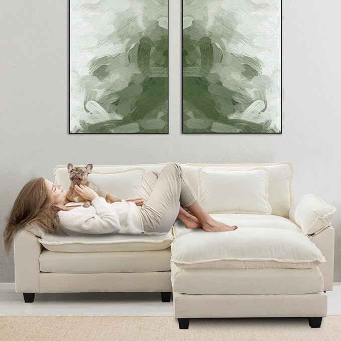 Modular Sectional Sofa 86 L Shaped Couch Set with Movable Ottoman Chenille Comfy Cloud Couch Sectional Set Extra Deep Seat Sofa with 2 Pillows for Living Room (White 2-Seat &amp 1-Ottoman)