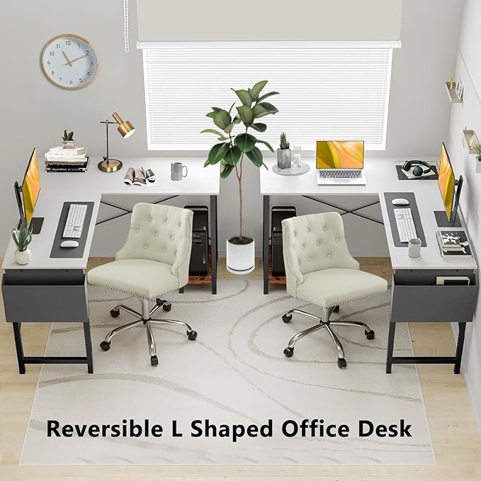Living&ampGiving L Shaped Gaming Desk 49 Black Home OfficeBedroom Computer Table for Study Standing Executive Desk with CPU Storage Shelf &amp Side Bag White