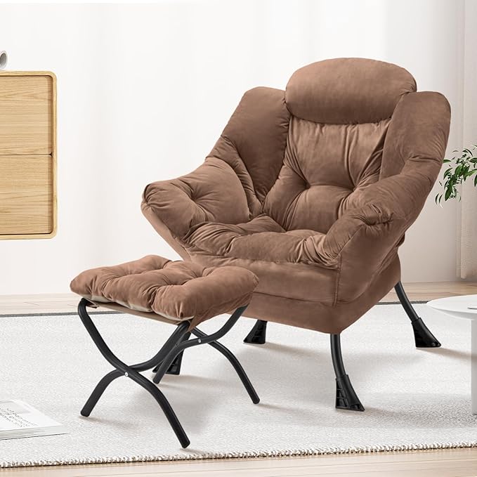 Lazy Chair with Folding Ottoman Modern Large Accent ChairContemporary Lounge Leisure Sofa Chair with Armrests Upholstered Sofa Armchair Reading Chair for BedroomDorm &amp Office(Dark Brown-f)