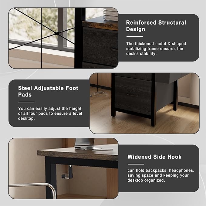Computer Desk with File Drawers Cabinet 47 Inch Reversible Home Office Desks with Filing CabinetPower Outlet2 Monitor Stands for Small Space Gaming Study Writing Table PC Desks (Brown)