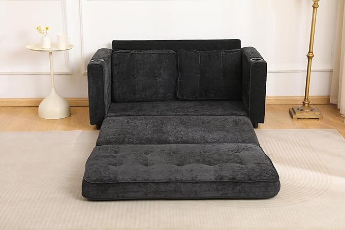 ERYE Foldable Loveseat Sofa Convertible Pull Out Sleeper Sofabed2 Seat Tufted Upholstered Sofa Modern Convertible Sleeper Couch Bed with Cupholders and Side Pockets