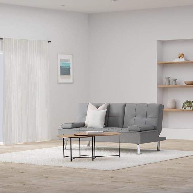 Best Choice Products Linen Modern Folding Futon Reclining Sofa Bed for Apartment Dorm w/Removable Armrests 2 Cupholders - Gray