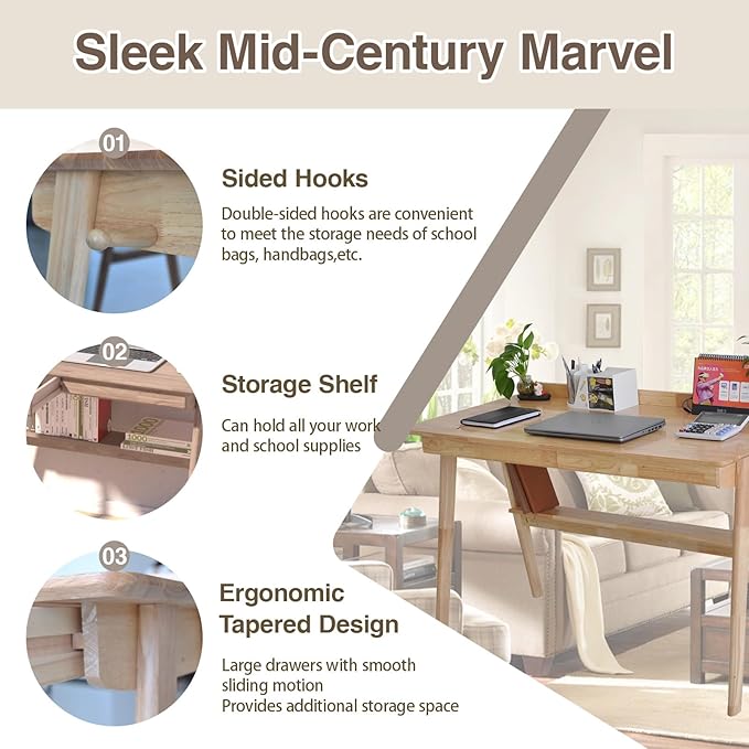 Mid-Century Modern 100% Solid Wood Writing Desk 39 Rubberwood Home Office Computer Table &amp Workstation Desk with 2 Drawers Lower Shelf &amp Side Hooks 350 lbs Load Laptop Desk