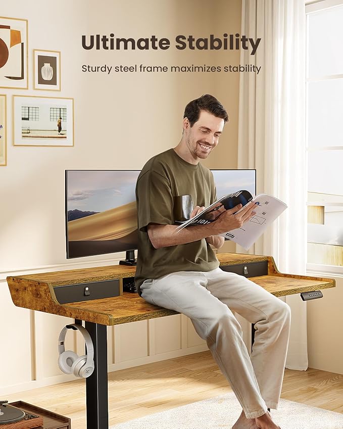 ErGear Electric Standing Desk with Drawers 48″ x 24″ Gaming Table Compatible Monitor Stand Stand up Desks Home Office Height-Adjustable Desk with Storage Shelf 4 Preset Heights Vintage Brown