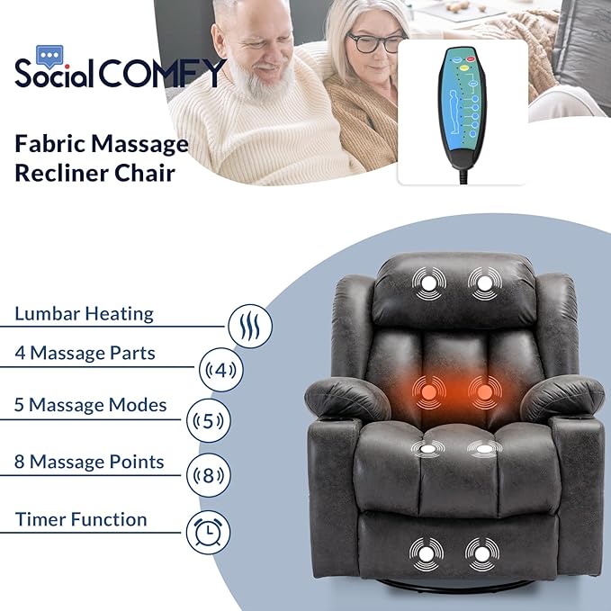 Manual Swivel Glider Rocker Recliner Chair with Heated Massage 360° Swivel Overstuffed Reclining Chair with 2 Cup Holders Side Pockets &amp USB Ports for Living Room Gray