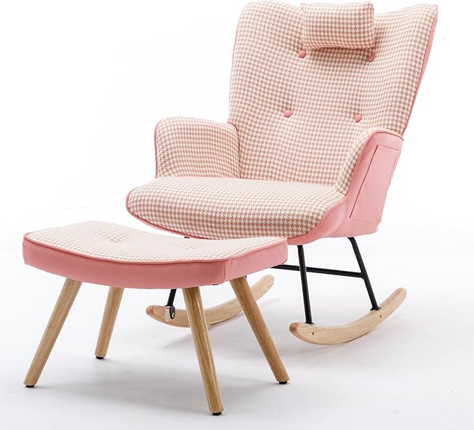 35.5 inch Rocking Chair Soft Houndstooth Fabric Leather Fabric Rocking Chair for Nursery Comfy Wingback Glider Rocker with Safe Solid Wood Base for Living Room Bedroom BalconyPink