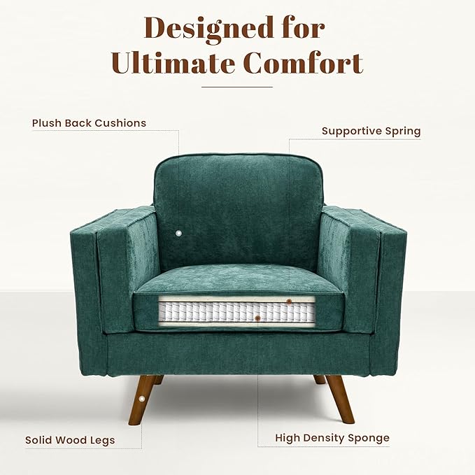 Kingfun Modern Accent Chair Living Room Chairs Chenille Reading Armchair Mid Century with Dual-Layer Armrests Solid Wood Frame Easy Assembly for Small Spaces Green