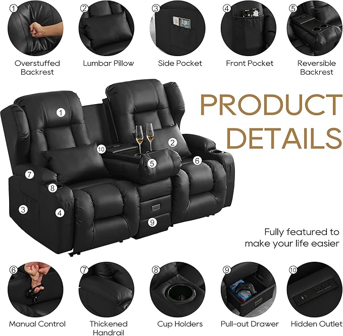 DRMBOOK RV Loveseat Recliner Sofa Double Wall Hugger Reclining Couches Manual Reclinable Movie Seating 2 Person Recliner for Travel Trailer (Leather Black 2 Seater with Reversible Console)