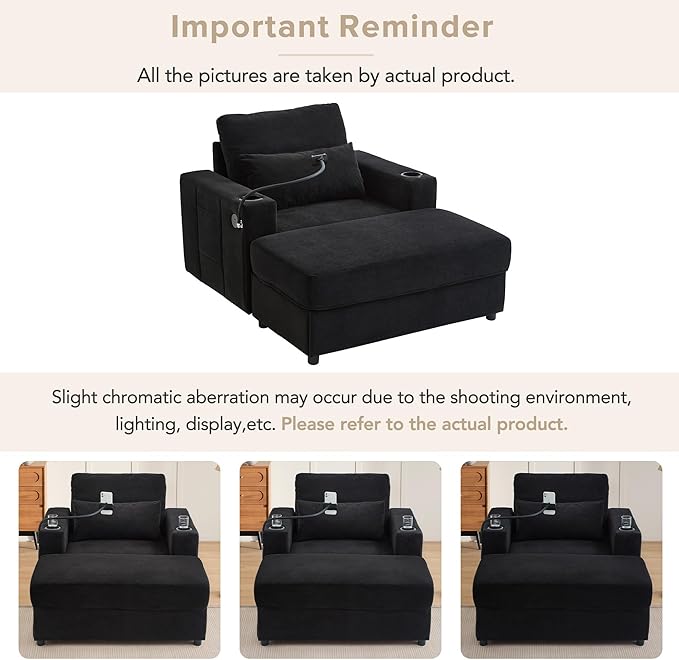 Merax Modern Style Armchair 42.5 Chaise Lounge Sofa Couch with a Movable Storage Ottoman Two USB Ports Two Cup Holders a Phone Holder and Side Pockets for Living Room Black