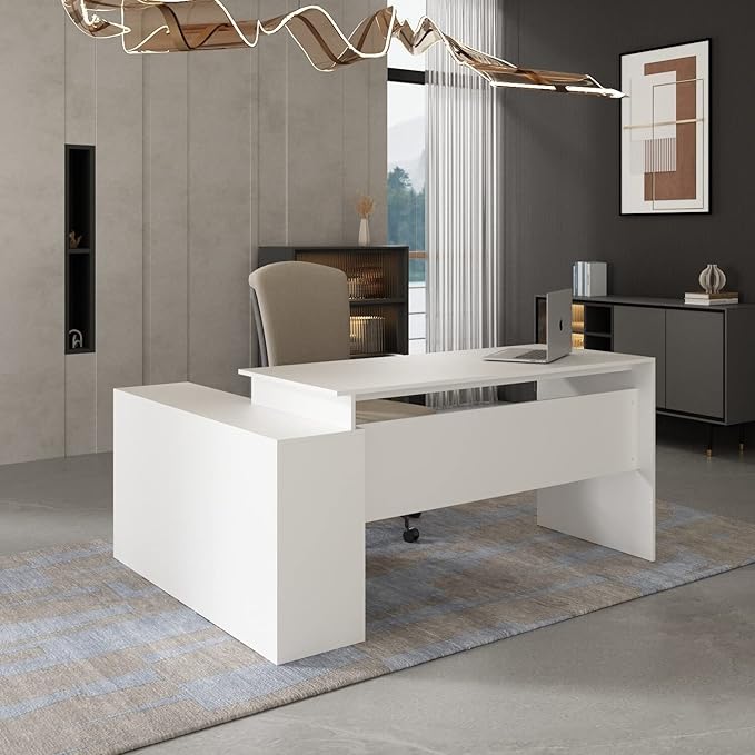 Office Computer Desk L Shaped Corner Drawers Shelves White Bohemian Eclectic Cabin Lodge L-Shape MDF Matte Cabinet
