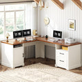 Unikito Farmhouse L Shaped Executive Desk with File Drawers 60 Corner Computer Desk with Power Outlets Large 2 Person Home Office Table with Storage Cabinet Sturdy Writing Desk White and Brown