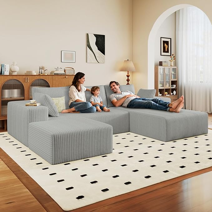 96 U-Shape Cloud Couch Modern Modular Sectional L-Shape Sofa with Ottoman Corduroy Upholstered Couches Deep Seat Chaise Longue for Living Room No Assembly Required(Light Gray Right Facing)