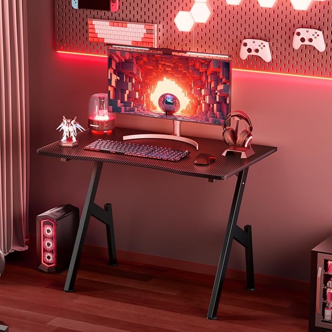HLDIRECT 32 Inch A-Shaped Gaming Desk with Carbon Fibre Surface - Ergonomic PC Workstation for Home Office &amp Simple Gaming