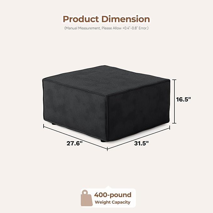 Luxuly Modular Sectional Corduroy Sofa Set L Shaped Couch Reversible Chaise Modular Sectional Couch Mix and Match Pieces Ottoman Black