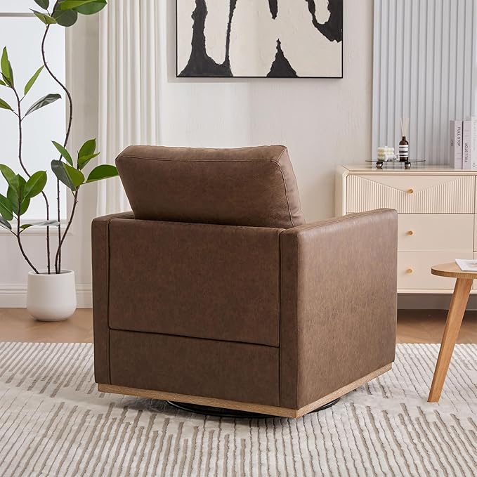 360° Swivel Accent Chair Square Modern Comfy Chair with Metal Base &amp Thicked Cushion Upholstered Lounge Reading Armchair Cozy Cloud Sofa Chairs for Living Room Bedroom Office Club(PU Coffee