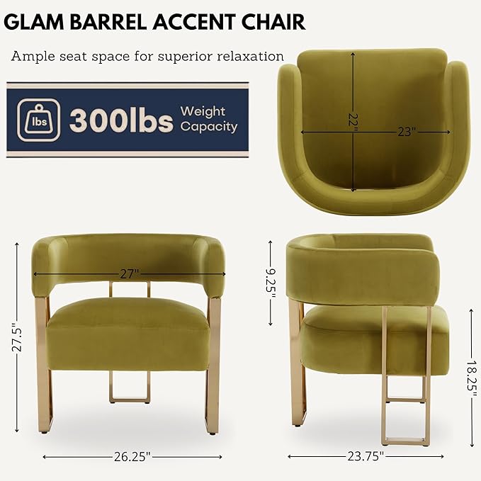 Modern Barrel Accent Chairs Set of 2 Comfy Upholstered Velvet Armchairs for Living Room with Semi-Open Back Reading Accent Chairs with Gold Metal Legs for Bedroom Vanity Reception Olive Green