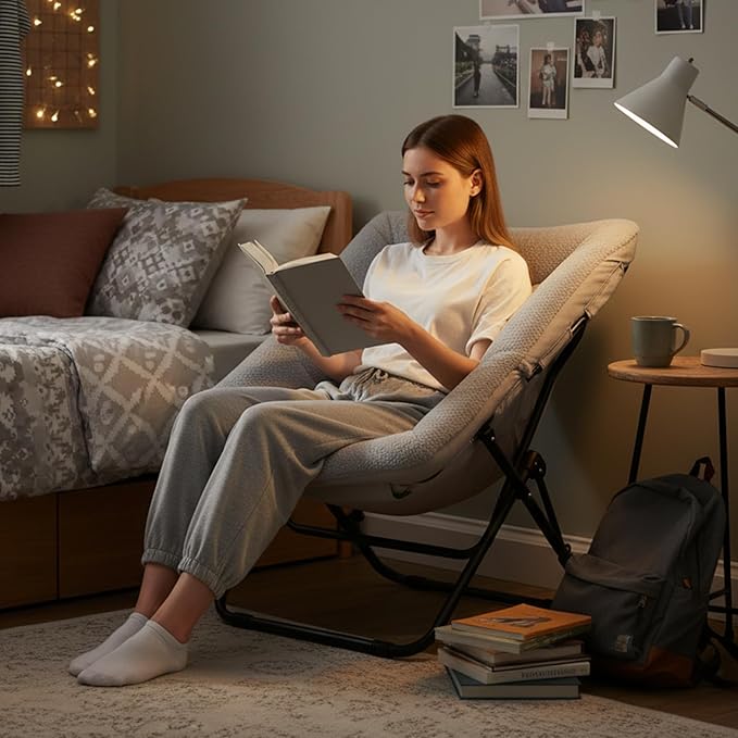 Tiita Comfy Saucer Chair Soft Faux Fur Oversized Folding Accent Chair Lazy Chair for Teens Adults Metal Frame Moon Chair for Bedroom Living Room Dorm Rooms X-Large Grey