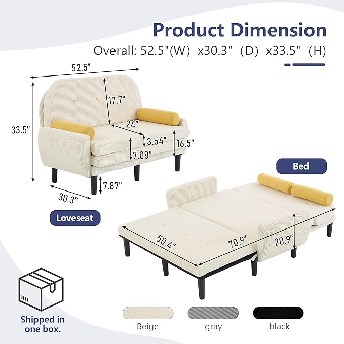 Convertible Sofa Bed 3 in 1 Pull Out Couch Futon Loveseat Sleeper with Adjustable Backrest Removable Armrests Side Pockets &amp USB Charging for Living Room Apartment Small Space (Ivory)