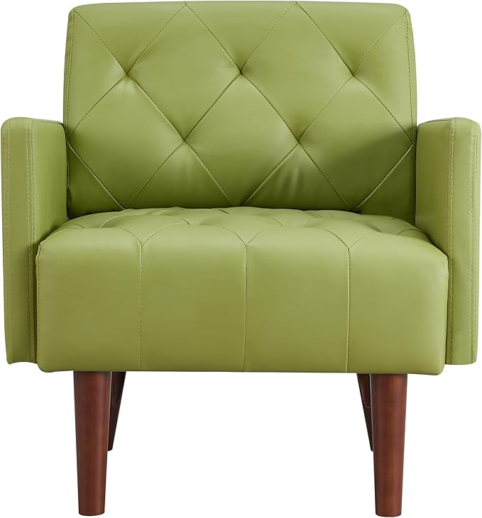 Accent Chairs Leather Accent Chair Modern Upholstered Living Room Chair Cozy Armchair Button Tufted Back and Wood Legs for Bedroom Office Cafe (Green)