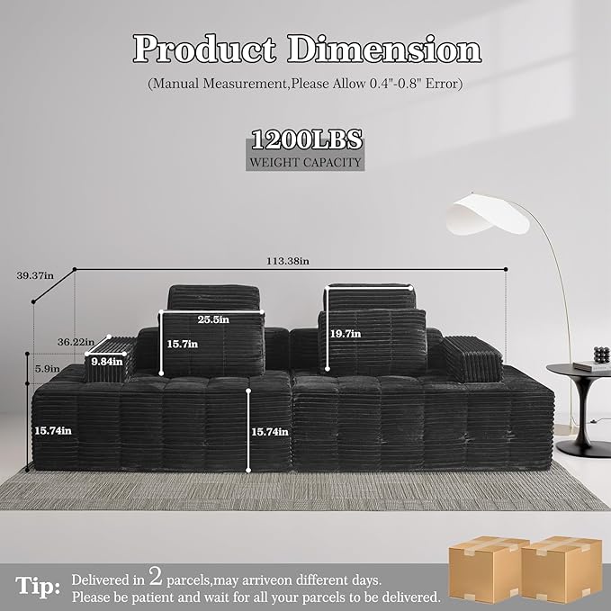 Modular Sectional Sofa with Movable Handrails Straight-Row Boneless Sofa Sectional Couch for Living Room Deep Seat Memory Foam Faux Rabbit Fur Fabric Sofa No Assembly Required(Black)