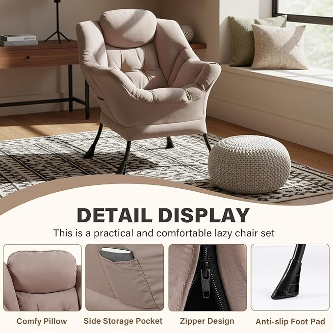 Lazy Chair for Living Room Modern Soft Reading Chair Accent Contemporary Sofa Chair with Armrests and a Side Pocket for Bedroom Dorm &amp Office Khaki